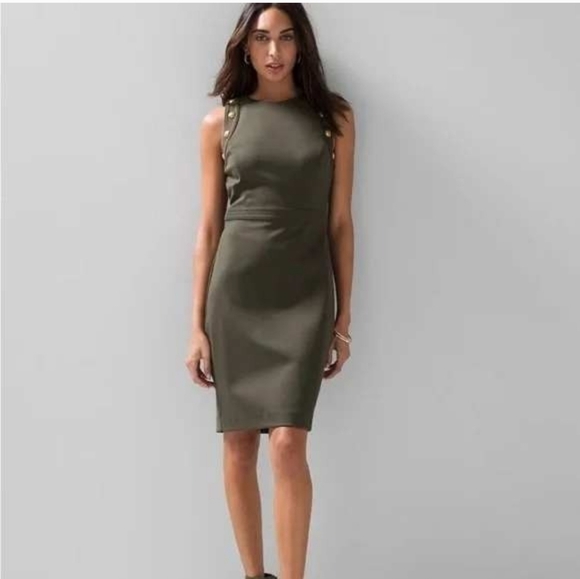 White House Black Market Dresses & Skirts - WHBM Army Green Scuba Luxe Gold Button Sheath Dress